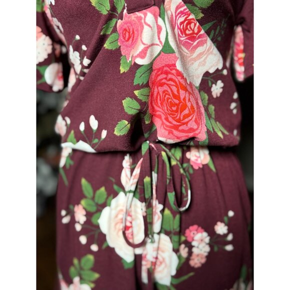 New LuLaRoe S Floral Burgundy/Pink Comfortable Romper Women V-Neck Short Sleeves - Picture 12 of 13